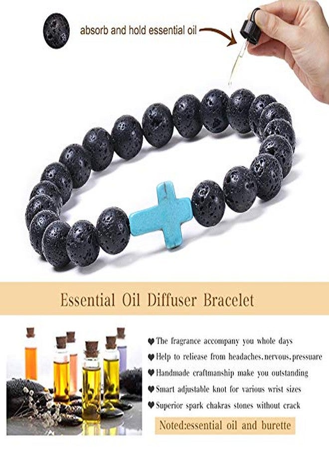 FORUBUS 2Pcs Lava Rock Stone Beaded Bracelet, Cross Charm Natural Volcanic Stone beads Turquoise Stretch Bracelet for Women Men Religion Jewelry Pray Baptism Gift-black - Image 3